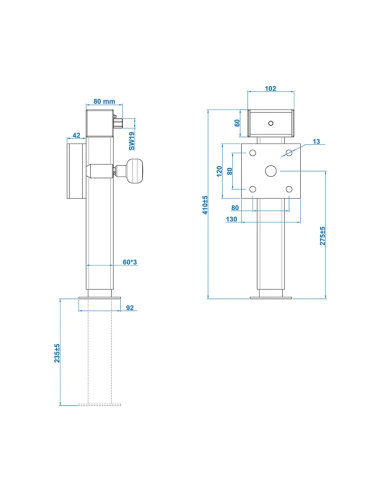 Pé estabilizador 60x60 mm basculante SF60 D85 SW19 410-655 mm 1300 kg