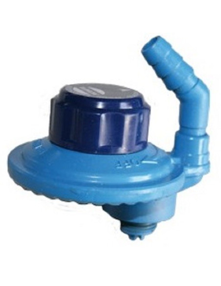 Blauer Campingflaschenregler 29mbar. rotierender Auslauf