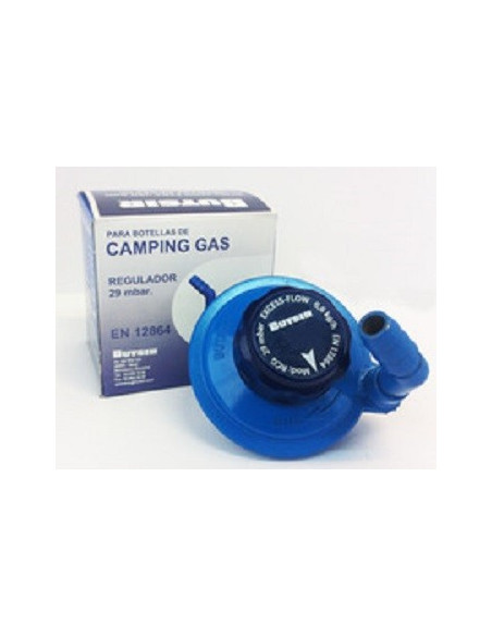 Blauer Campingflaschenregler 29mbar. rotierender Auslauf