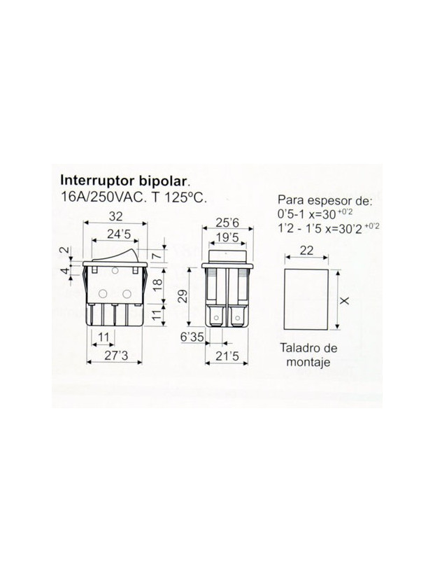 Largura do interruptor oscilante 2P 2C