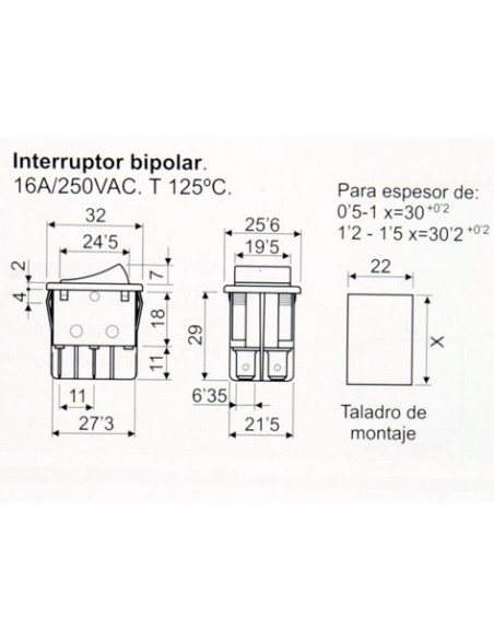 Largeur de l'interrupteur à bascule 2P 2C