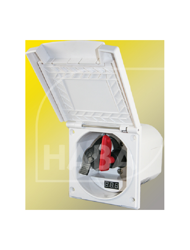 Externe Box mit Abschalttaste und digitalem Voltmeter für Batterie.