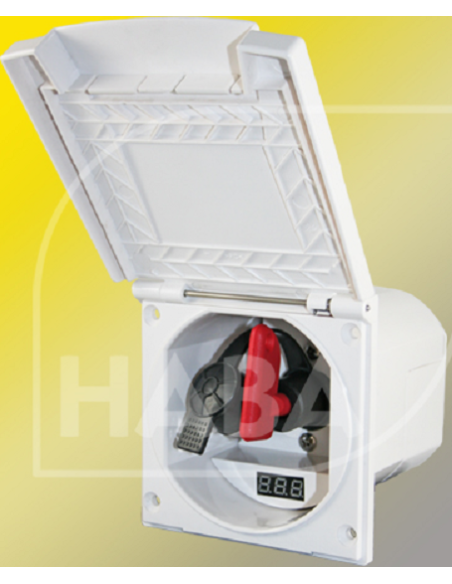 Boîtier externe avec clé de coupure et voltmètre numérique pour batterie.