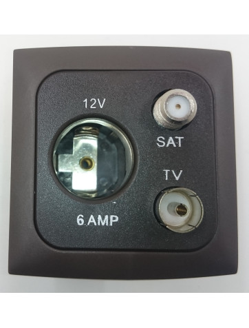 Tomada de conexão interna 3 em 1. Sat, 12V e antena Marrom