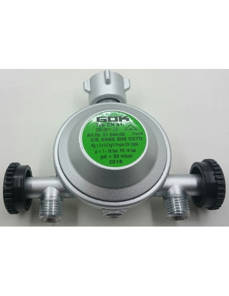 Regulador de pressão butano/propano com 2 saídas. 50mbar