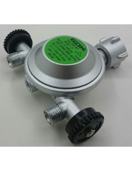Regolatore di pressione butano/propano con 2 uscite. 50 mbar