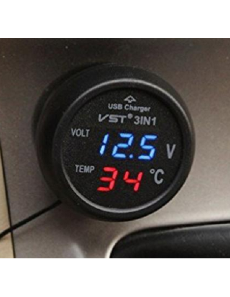 Voltímetro com conexão USB e termômetro 3 em 1