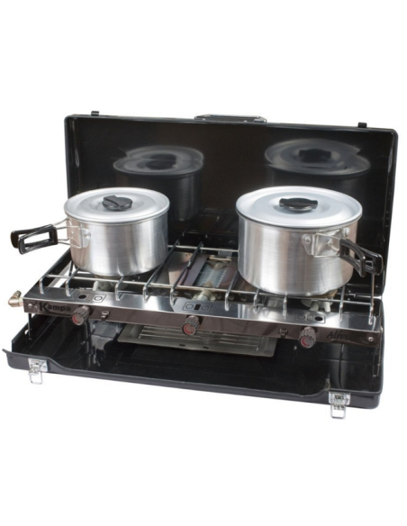 Two-burner folding suitcase stove and grill. Fresh