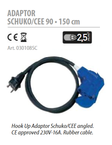 Adaptateur Schuko/Cetac en coude de 150 cm pour extérieur d'une épaisseur de 2,5 mm²