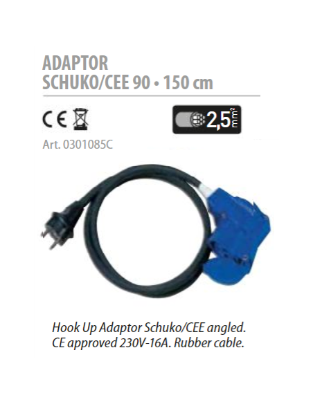 Adaptador Schuko/Cetac en codo de 150 cm para exterior con un grosor de 2.5 mm² Adaptador Schuko/Cetac en codo de 150 cm para exterior con un grosor de 2.5 mm²