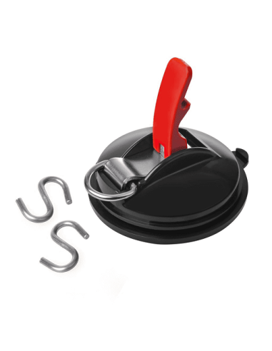 Suction cup with ring and two hooks